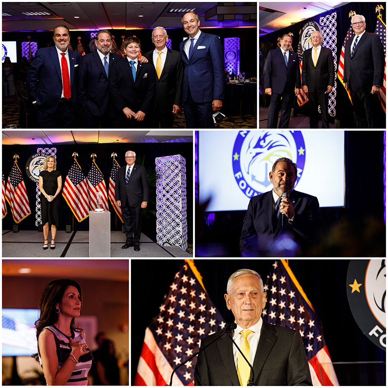 The collage shows people in formal attire at a formal event with American flags and a logo suggesting the navy seal foundation midwest evening of tribute.