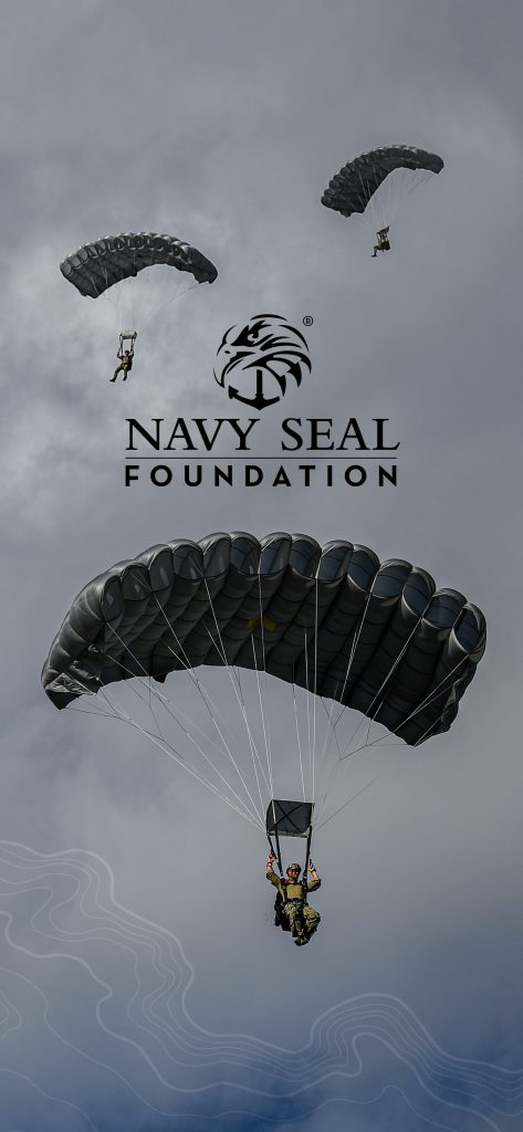 Paratroopers are descending with parachutes under cloudy skies. The text "Navy Seal Foundation" is visible, fitting for a navy seal wallpaper.