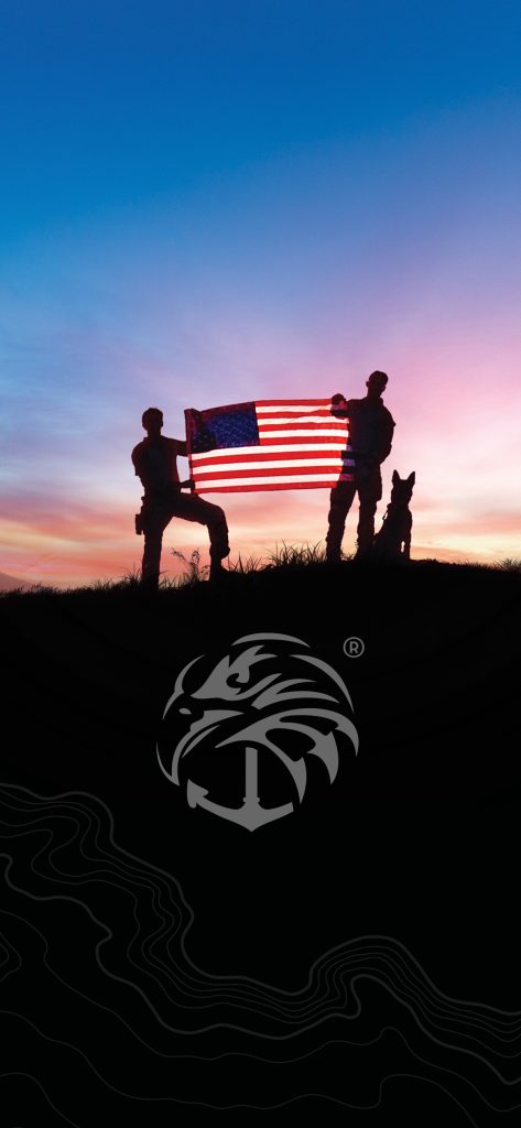Silhouettes holding a U.S. flag with a dog at sunset; logo of an eagle and anchor icon below. Navy seal wallpaper is appropriate.