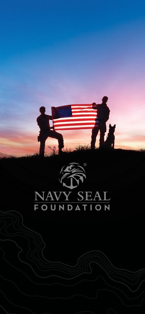 Silhouette of soldiers with an American flag at sunset, accompanied by a dog. Text reads "Navy Seal Foundation."
