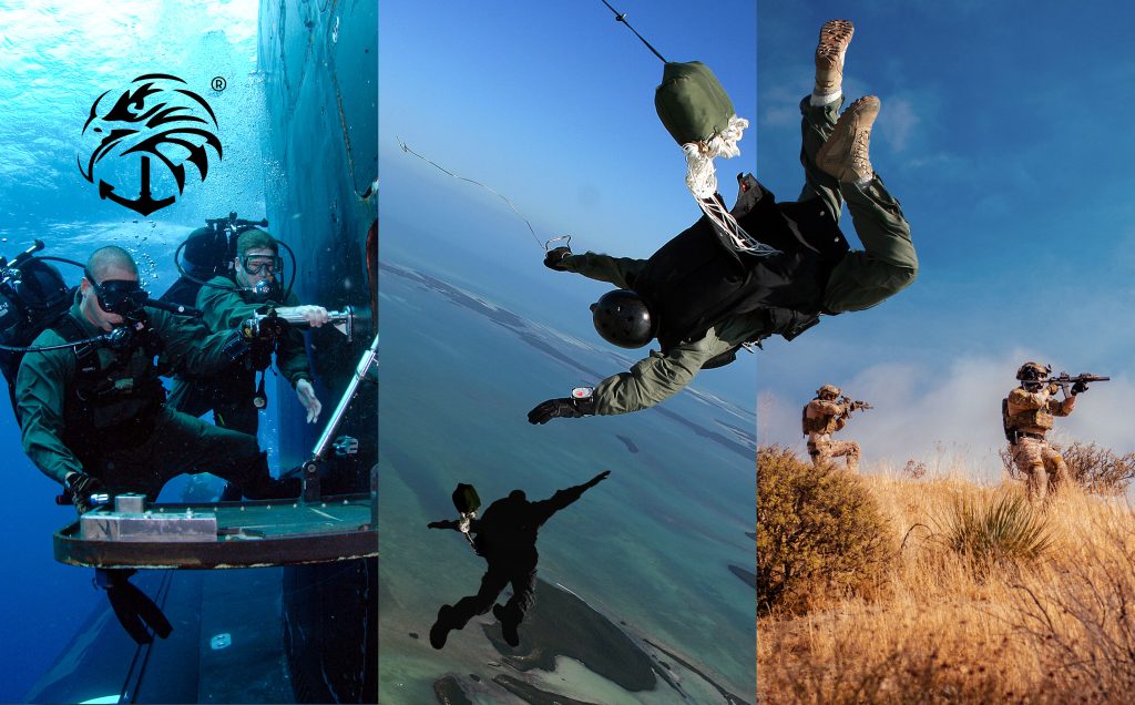 Montage of military operations: underwater diving, parachuting, and tactical maneuvers. Navy seal wallpaper.