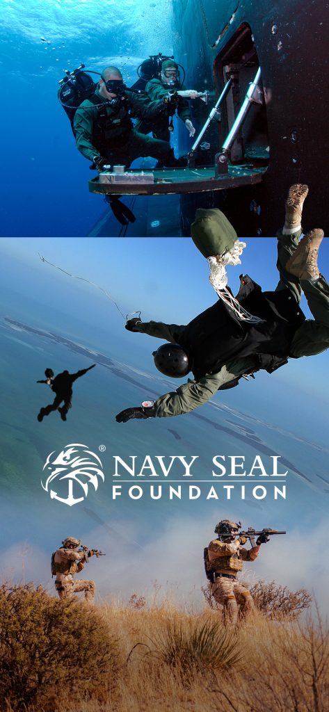 The image features divers, a parachutist, and soldiers with the Navy SEAL Foundation logo, suitable for a navy seal wallpaper.