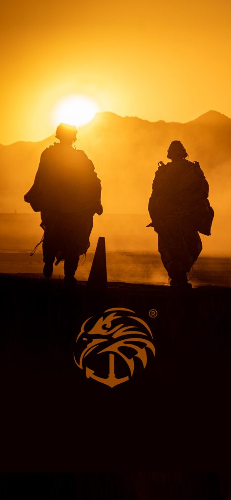Silhouetted soldiers at sunset with a stylized eagle and anchor logo; navy seal wallpaper.