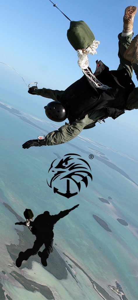 A person is skydiving above a coastline, with an eagle and anchor logo resembling a navy seal theme.