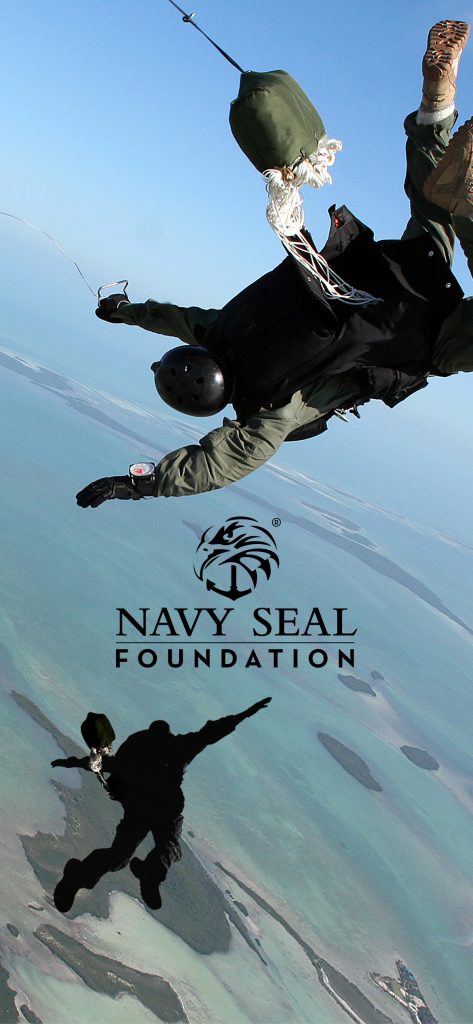 A skydiver in tactical gear is mid-descent over water with the Navy Seal Foundation logo. Navy seal wallpaper.