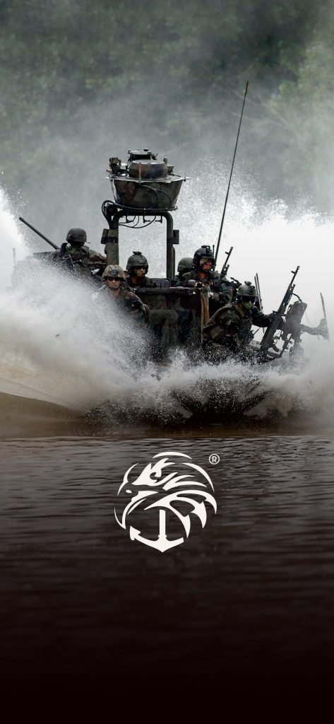 A military boat with armed personnel creates a dramatic splash, accompanied by a stylized eagle logo. Navy seal wallpaper is appropriate.