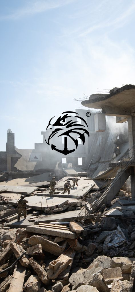 Soldiers in tactical gear navigate a rubble-strewn, collapsed structure under a clear sky. Navy seal wallpaper.