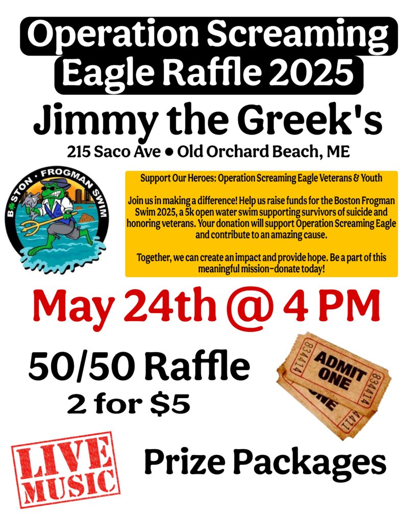 Raffle event on May 24th at Jimmy the Greek's, supports veterans and youth. Features 50/50 raffle, live music, and prizes.